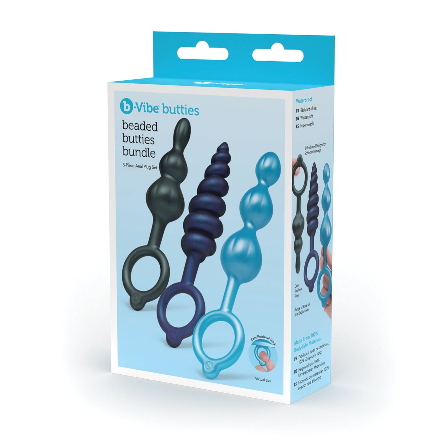 The image features the b-Vibe Butties Beaded Bundle by b-vibe, displaying a package with three uniquely shaped and colored beaded plugs, each having a loop handle. The box emphasizes their waterproof and body-safe qualities, ideal for enhancing anal play or training.