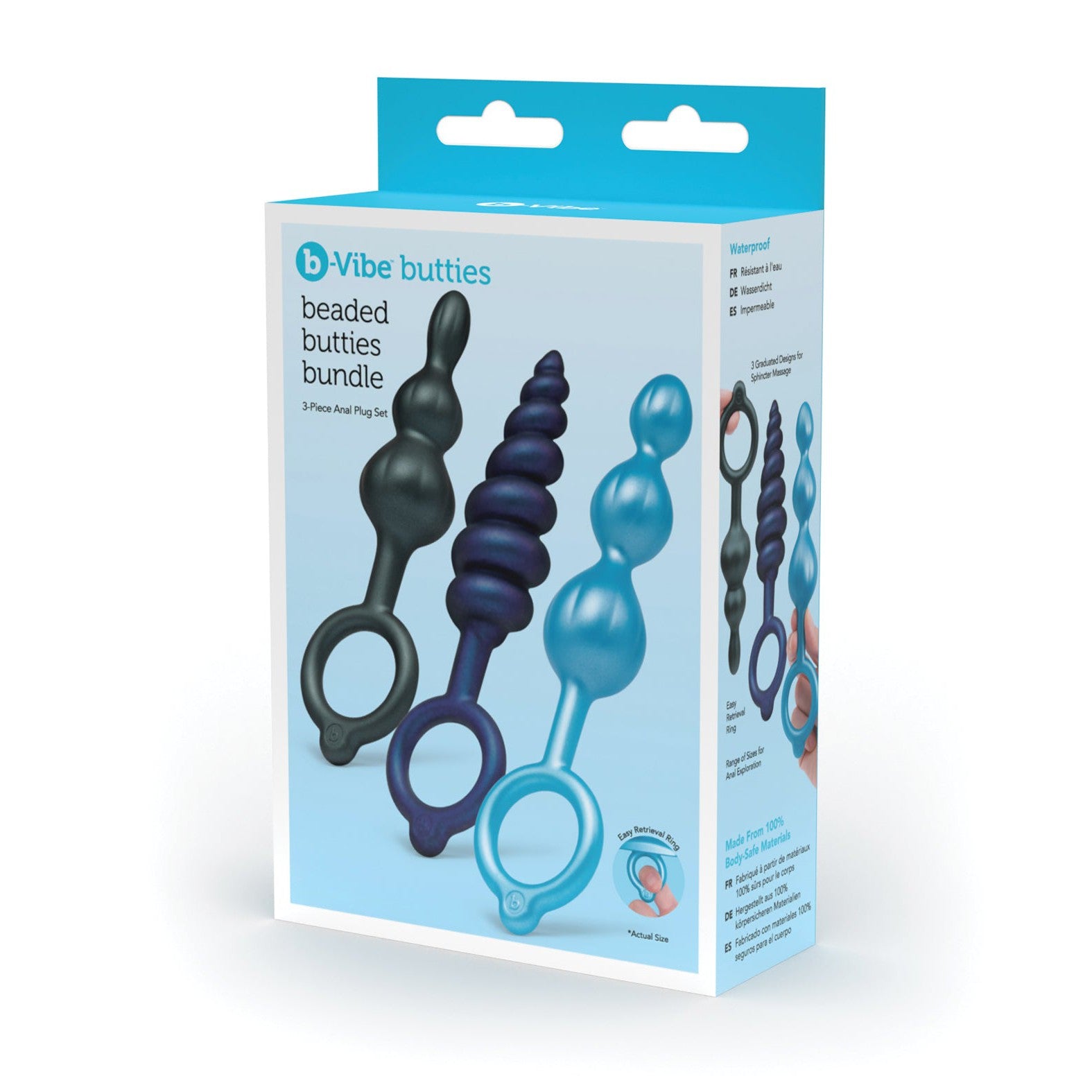 The image features the b-Vibe Butties Beaded Bundle by b-vibe, displaying a package with three uniquely shaped and colored beaded plugs, each having a loop handle. The box emphasizes their waterproof and body-safe qualities, ideal for enhancing anal play or training.