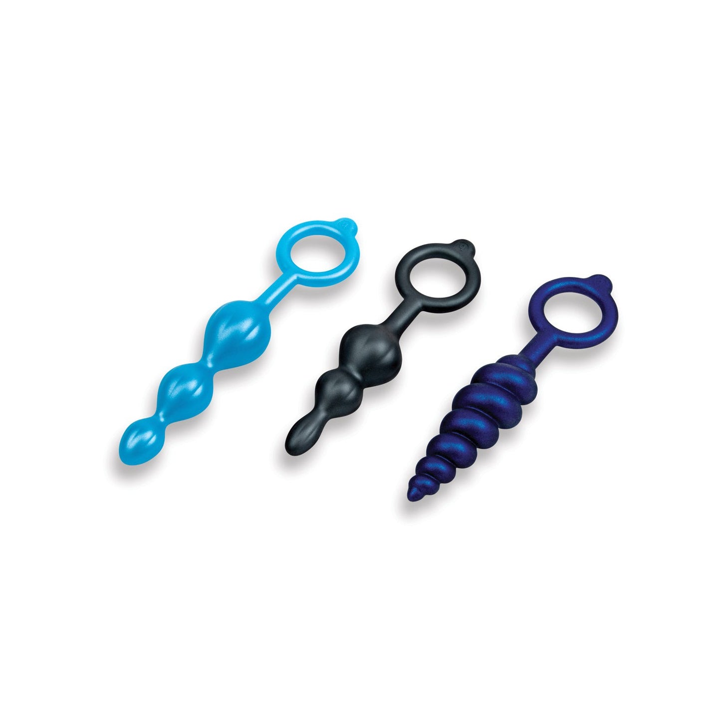 The b-Vibe Butties Beaded Bundle by b-vibe offers three silicone anal plugs in blue, black, and dark blue, each with a base ring for easy handling. Ideal for anal training and play, these vibrant plugs are displayed on a white background to add fun to your experience.