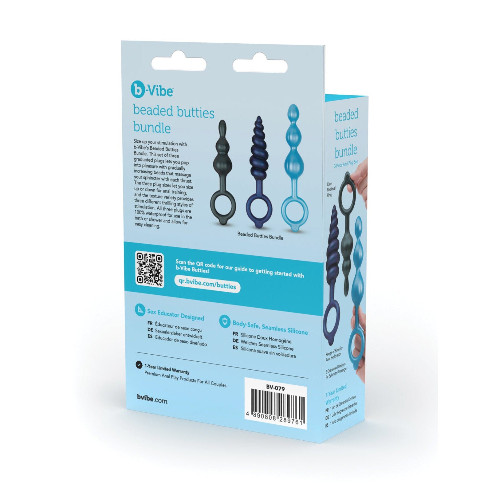 The b-Vibe Butties Beaded Bundle packaging showcases three silicone beaded plugs in different sizes and colors, ideal for anal training and play. The box back includes product details, features, and a QR code for further information.