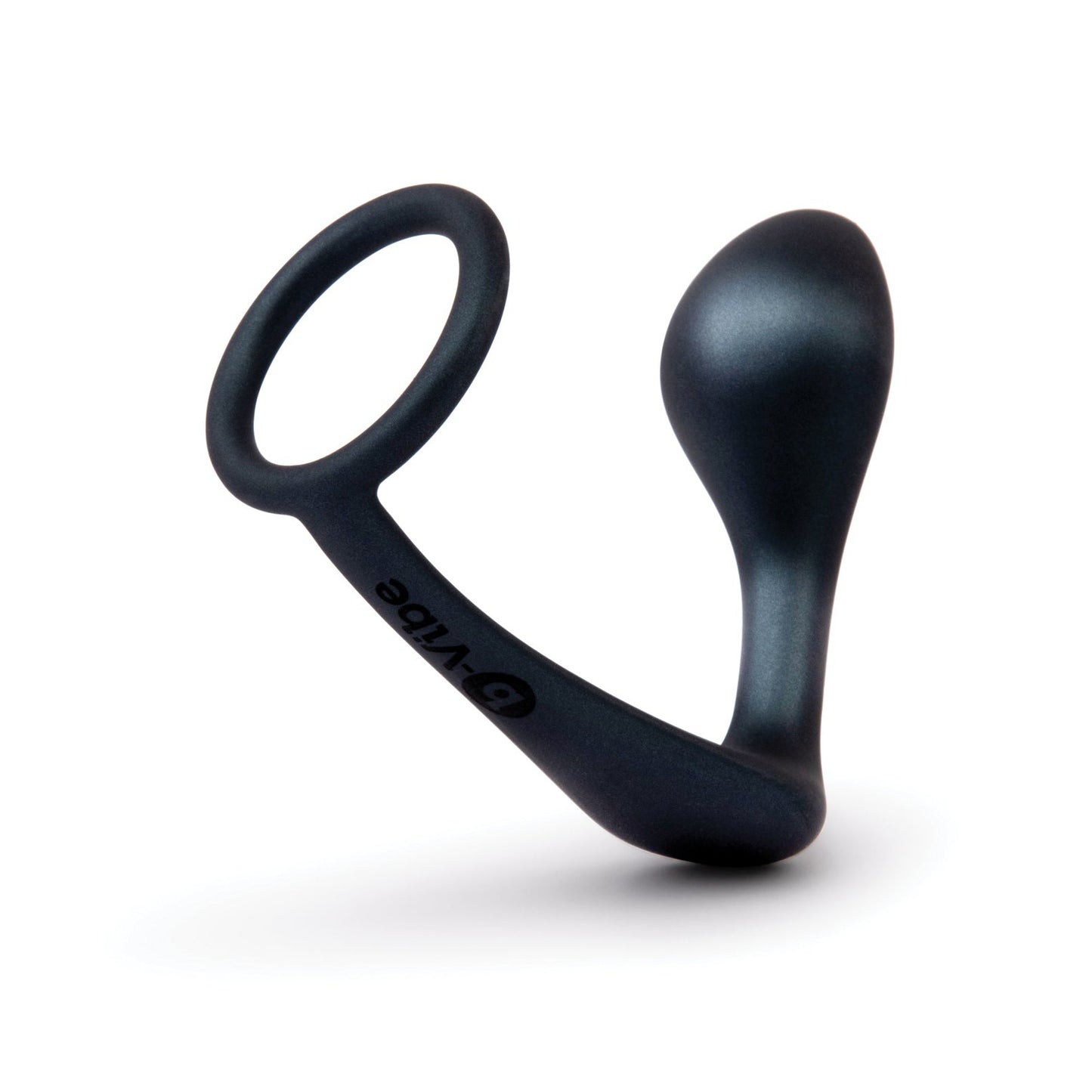 A sleek black prostate massager with a curved design and loop handle, similar to the b-Vibe Butties Ringer Cock Ring & Prostate Plug by b-vibe. Its smooth surface is showcased as it stands upright on a white background.