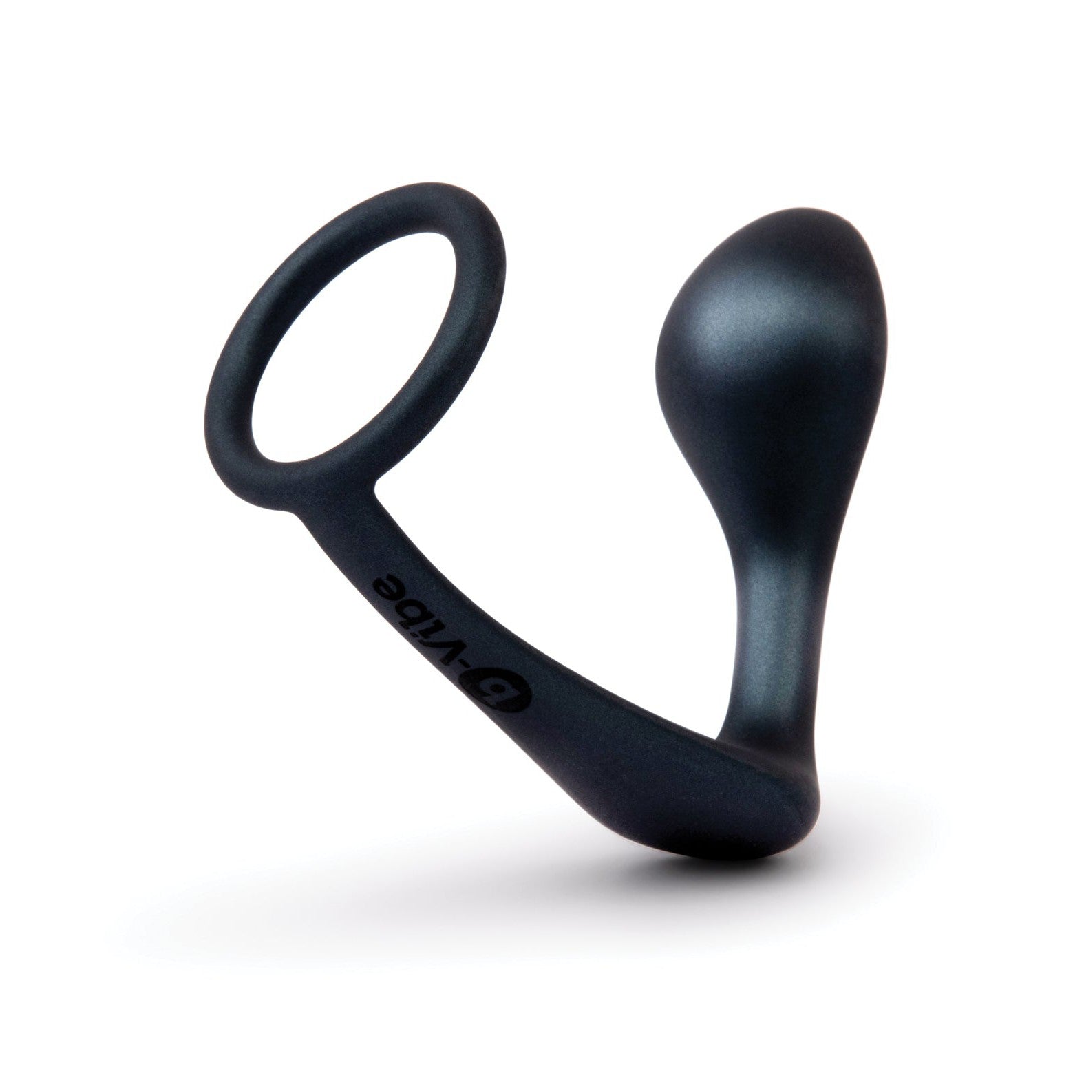 A sleek black prostate massager with a curved design and loop handle, similar to the b-Vibe Butties Ringer Cock Ring & Prostate Plug by b-vibe. Its smooth surface is showcased as it stands upright on a white background.