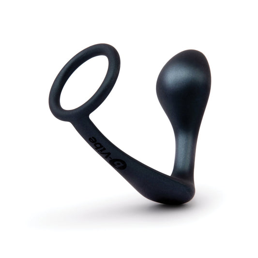 A sleek black prostate massager with a curved design and loop handle, similar to the b-Vibe Butties Ringer Cock Ring & Prostate Plug by b-vibe. Its smooth surface is showcased as it stands upright on a white background.