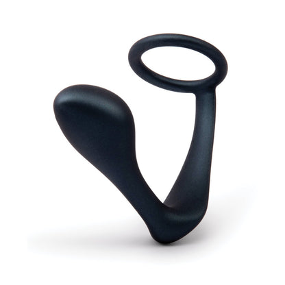 The b-Vibe Butties Ringer Cock Ring & Prostate Plug by b-vibe is a black silicone dual cock ring with a smooth curved design and rounded loop handle, expertly angled to target specific areas for enhanced pleasure.