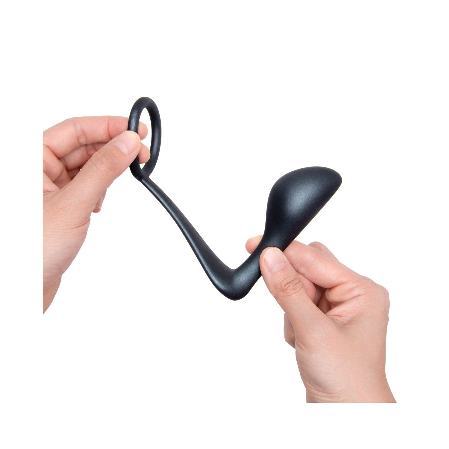 Two hands hold a b-Vibe Butties Ringer Cock Ring & Prostate Plug, a sleek black silicone massager by b-vibe. The sophisticated design features a ring handle and bulbous end for dual functionality.