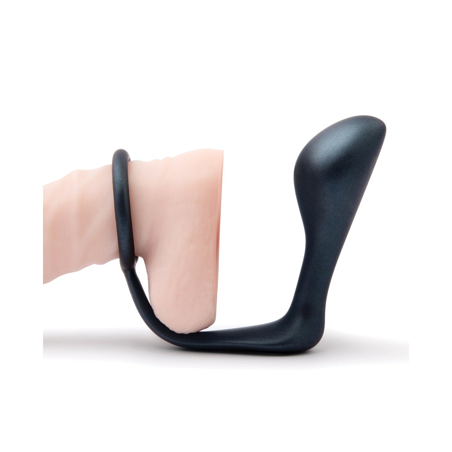 The b-Vibe Butties Ringer Cock Ring & Prostate Plug by b-vibe offers comfort and enhanced pleasure with its silicone design, flexible ring, and curved section. Displayed against a white background, this innovative device combines style with function.