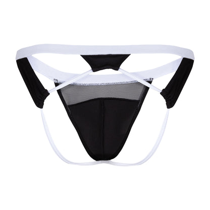 The image displays a black and white Cover Male Jockstrap Sexy Underwear with a mesh section, multiple elastic straps, and a contour pouch for enhanced comfort and support during sports or physical activities.