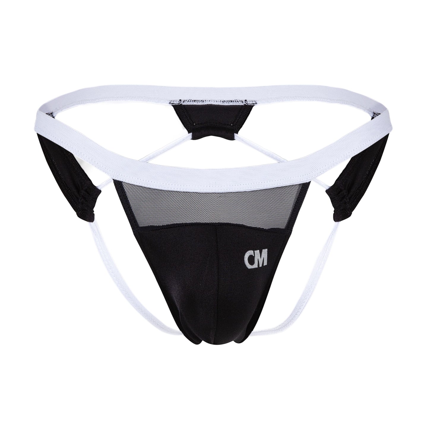 The Cover Male Jockstrap Sexy Underwear provides premium comfort with a black and white design, featuring a mesh panel and waistband. It includes a contour pouch with CM initials and thin side straps for excellent support.