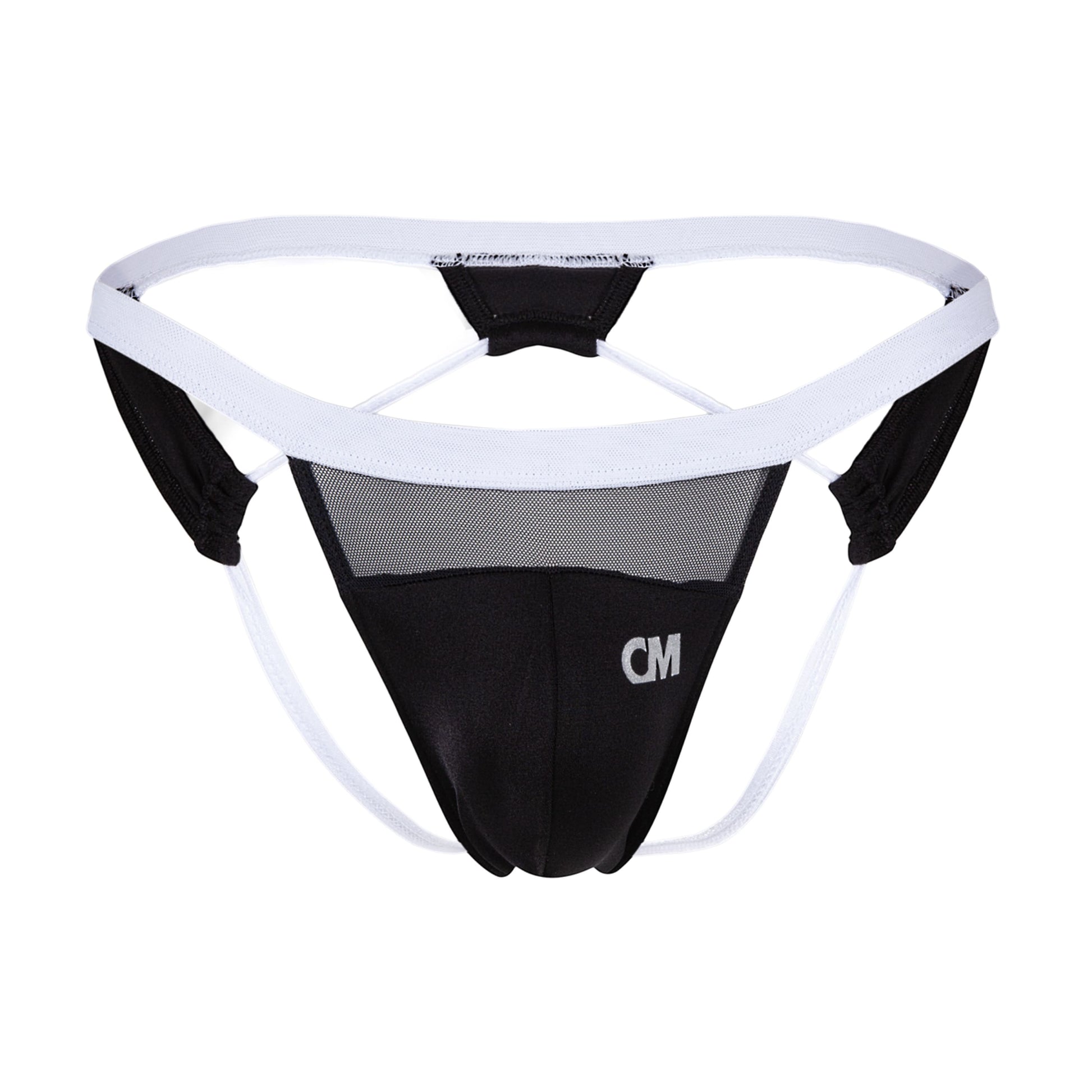 The Cover Male Jockstrap Sexy Underwear provides premium comfort with a black and white design, featuring a mesh panel and waistband. It includes a contour pouch with CM initials and thin side straps for excellent support.