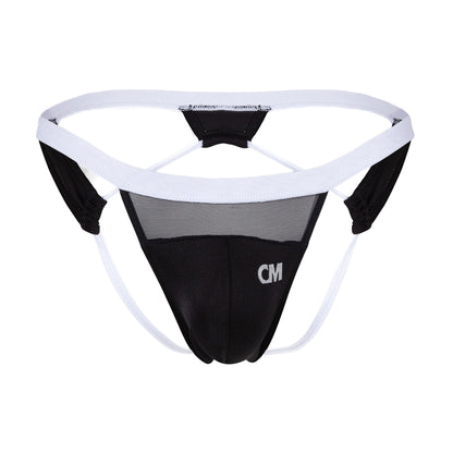 The Cover Male Jockstrap Sexy Underwear provides premium comfort with a black and white design, featuring a mesh panel and waistband. It includes a contour pouch with CM initials and thin side straps for excellent support.