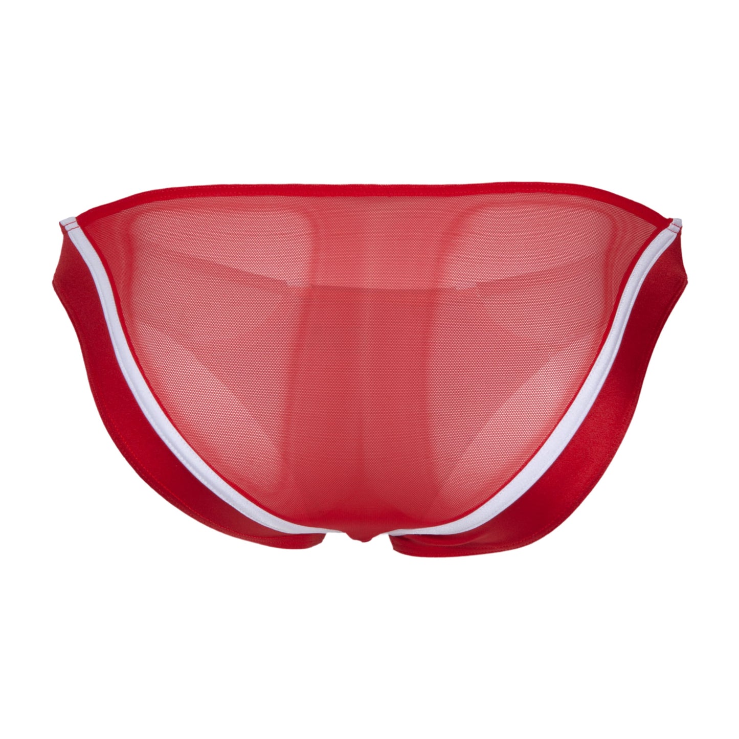 A pair of Cover Male Bikini for Men with Back Cut, in red mesh with white trim, embodies modern masculinity and is beautifully displayed on a white background, featuring a premium fabric blend for ultimate comfort and style.