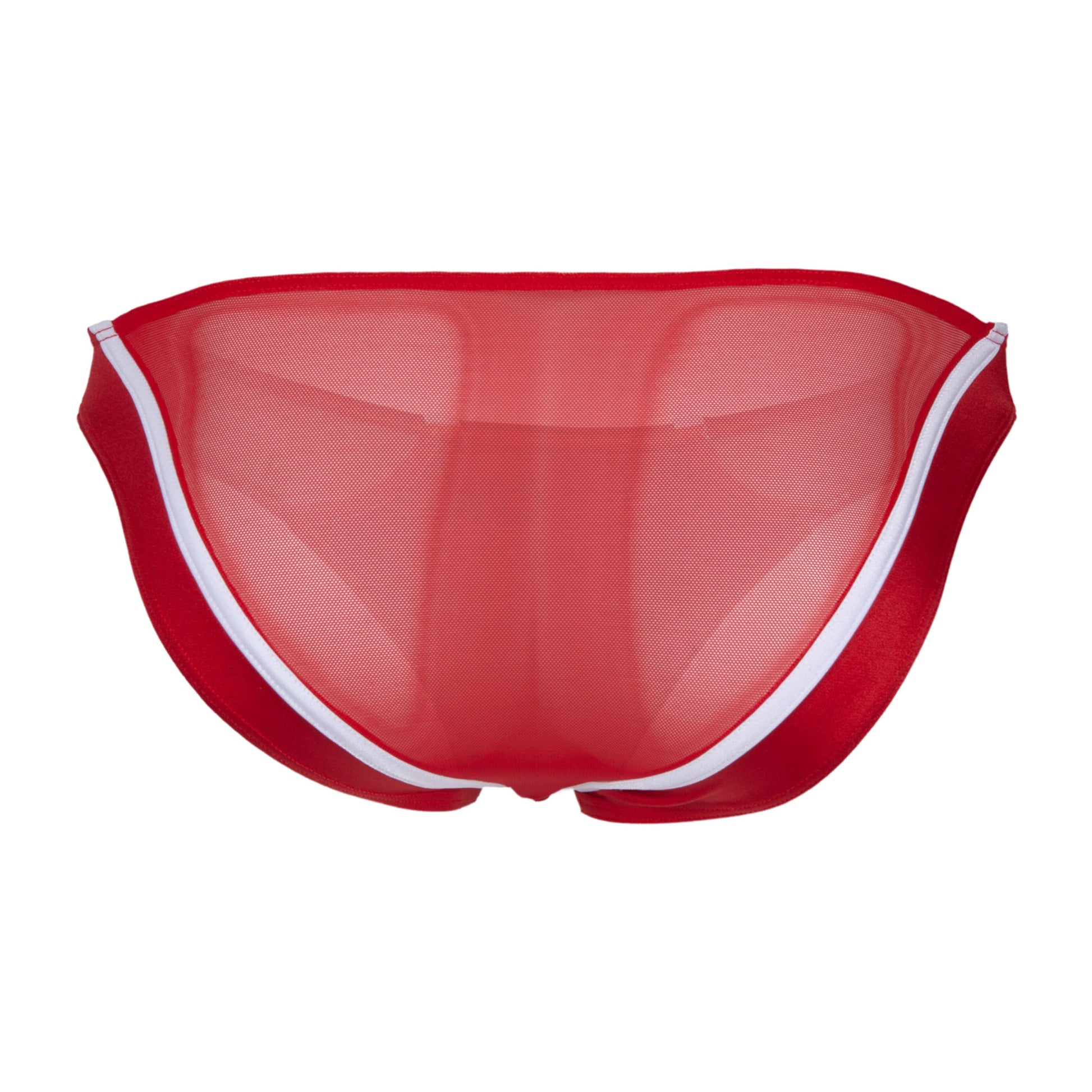 A pair of Cover Male Bikini for Men with Back Cut, in red mesh with white trim, embodies modern masculinity and is beautifully displayed on a white background, featuring a premium fabric blend for ultimate comfort and style.