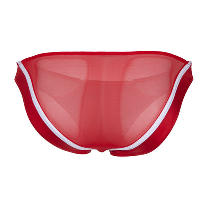 A pair of Cover Male Bikini for Men with Back Cut, in red mesh with white trim, embodies modern masculinity and is beautifully displayed on a white background, featuring a premium fabric blend for ultimate comfort and style.