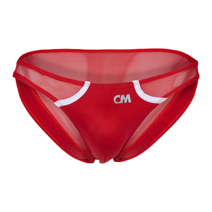 Cover Males red bikini for men features a premium fabric blend with a sheer mesh waistband, contrasting white front trim, and striking white CM initials, celebrating modern masculinity.