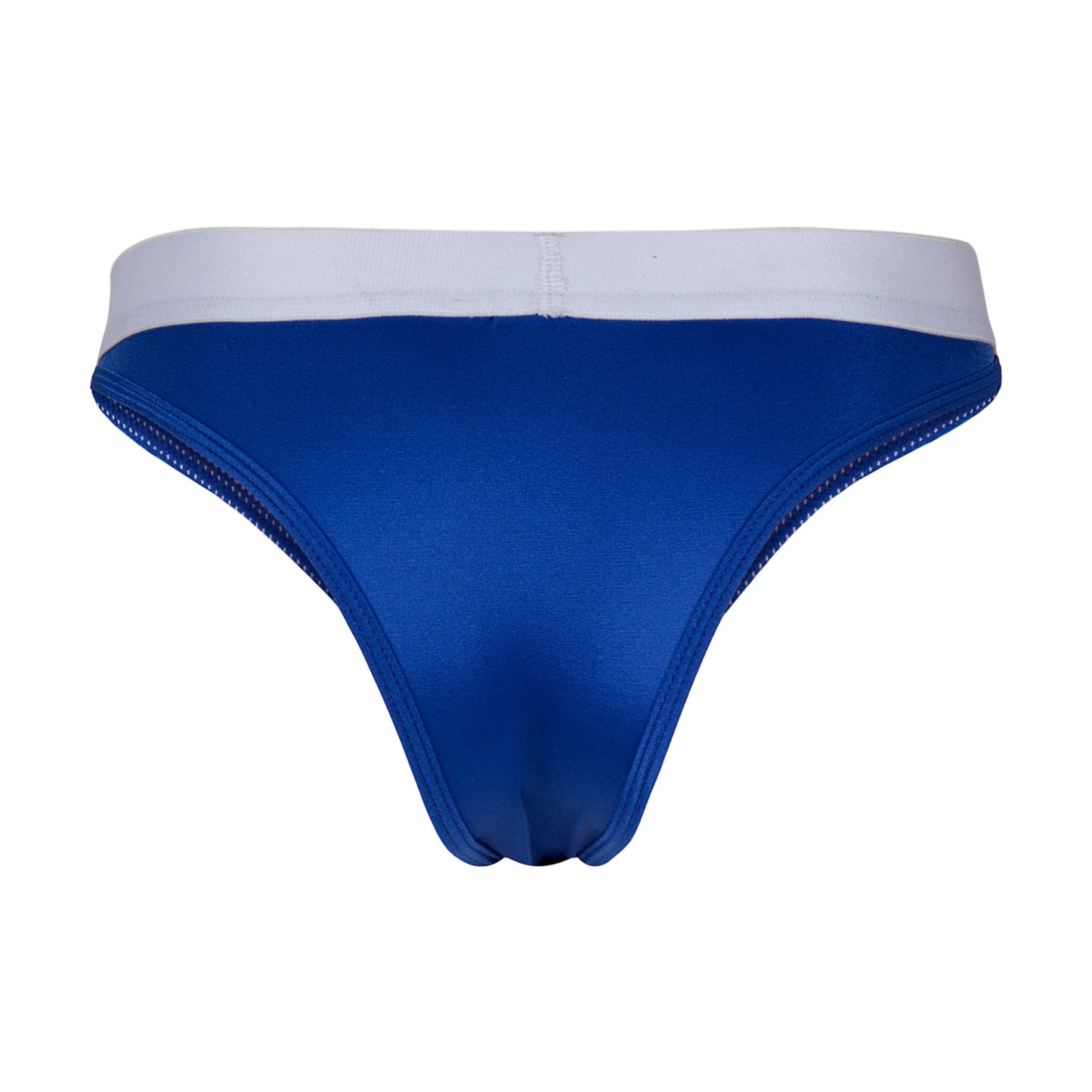 The Cover Male Bikini for Men features a sleek modern bikini cut in blue with a white waistband, crafted from premium fabric, displayed on a plain background.