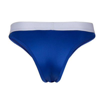 The Cover Male Bikini for Men features a sleek modern bikini cut in blue with a white waistband, crafted from premium fabric, displayed on a plain background.