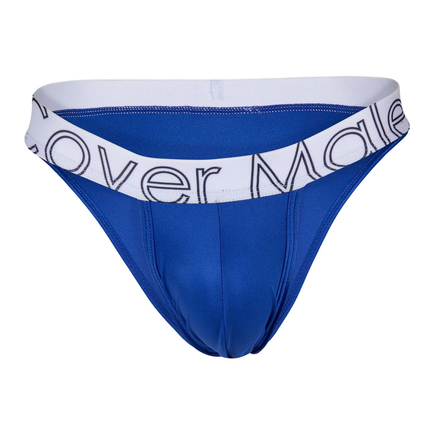 The Cover Male Bikini for Men features a blue design with a white waistband and large text. Crafted from a premium smooth, shiny fabric, it enhances the minimalist style and structured front pouch, offering a modern bikini cut for comfort.