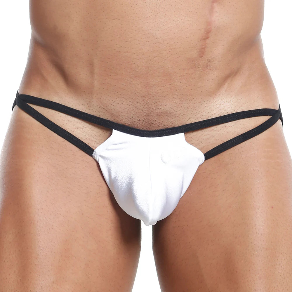 The Cover Male G-String highlights minimal coverage with thin black elastic bands, a contoured pouch for comfort, and focuses on the waist down for a sleek style.