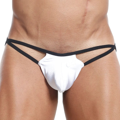 The Cover Male G-String highlights minimal coverage with thin black elastic bands, a contoured pouch for comfort, and focuses on the waist down for a sleek style.
