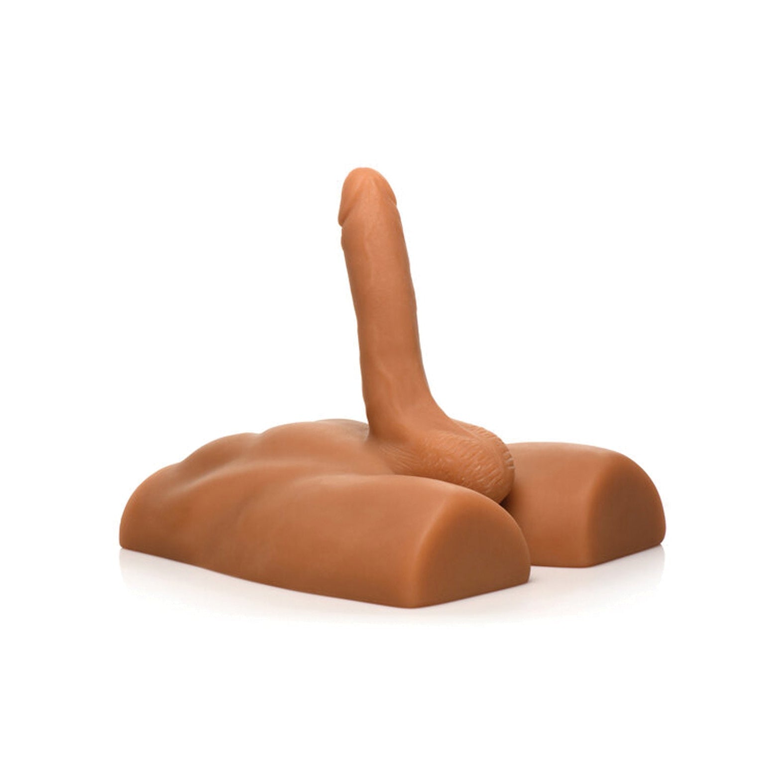 The Curve Novelties Curve Toys Jock Ass Masturbator with Poseable Dildo, a realistic skin-toned silicone sculpture on a flat base, complements the intricately designed Textured Tunnel of Love against a white background.