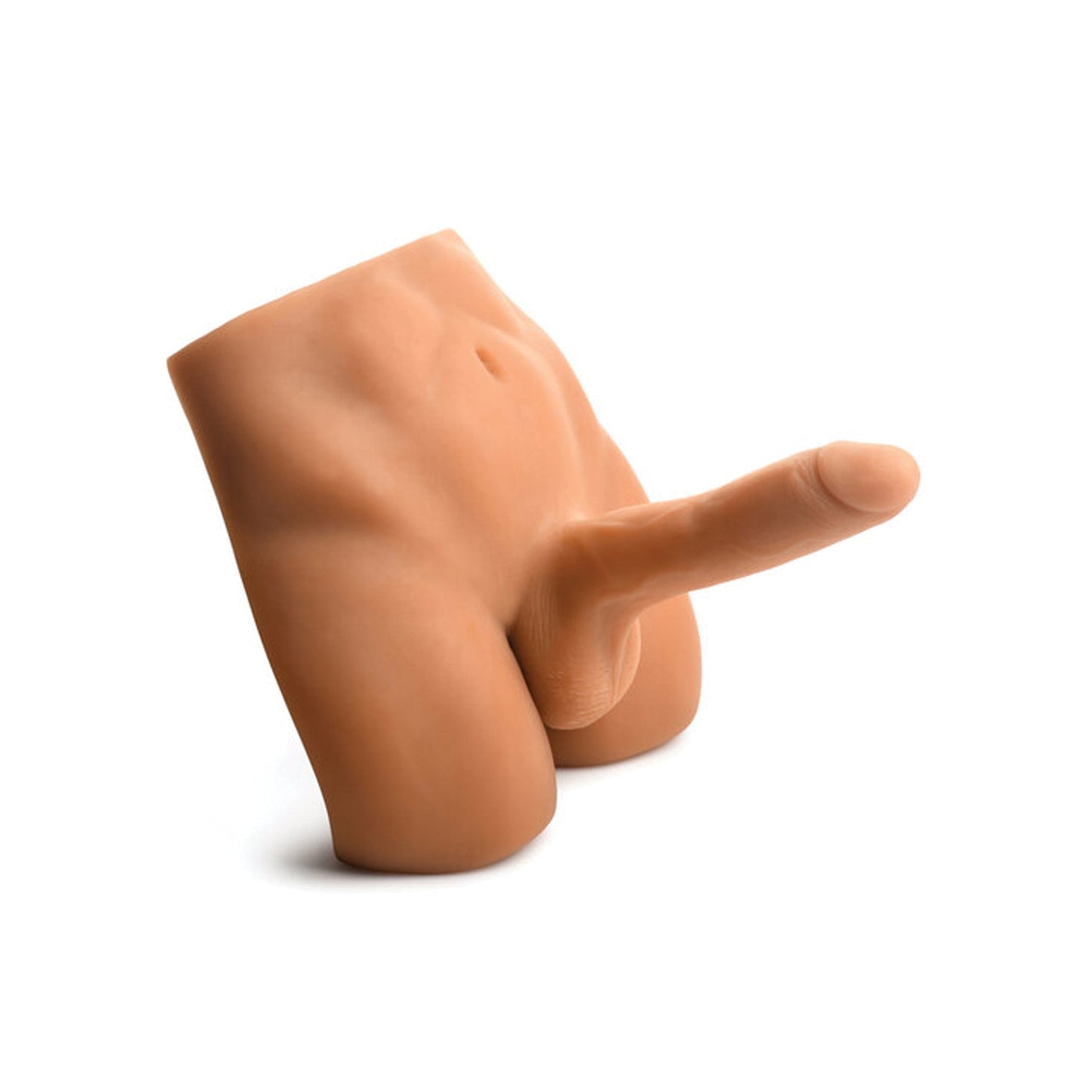 The image displays a Curve Novelties product, the Curve Toys Jock Ass Masturbator With Poseable Dildo, resembling a human lower torso with an oversized upright male genitalia, made of skin-toned material, set against a plain white background.