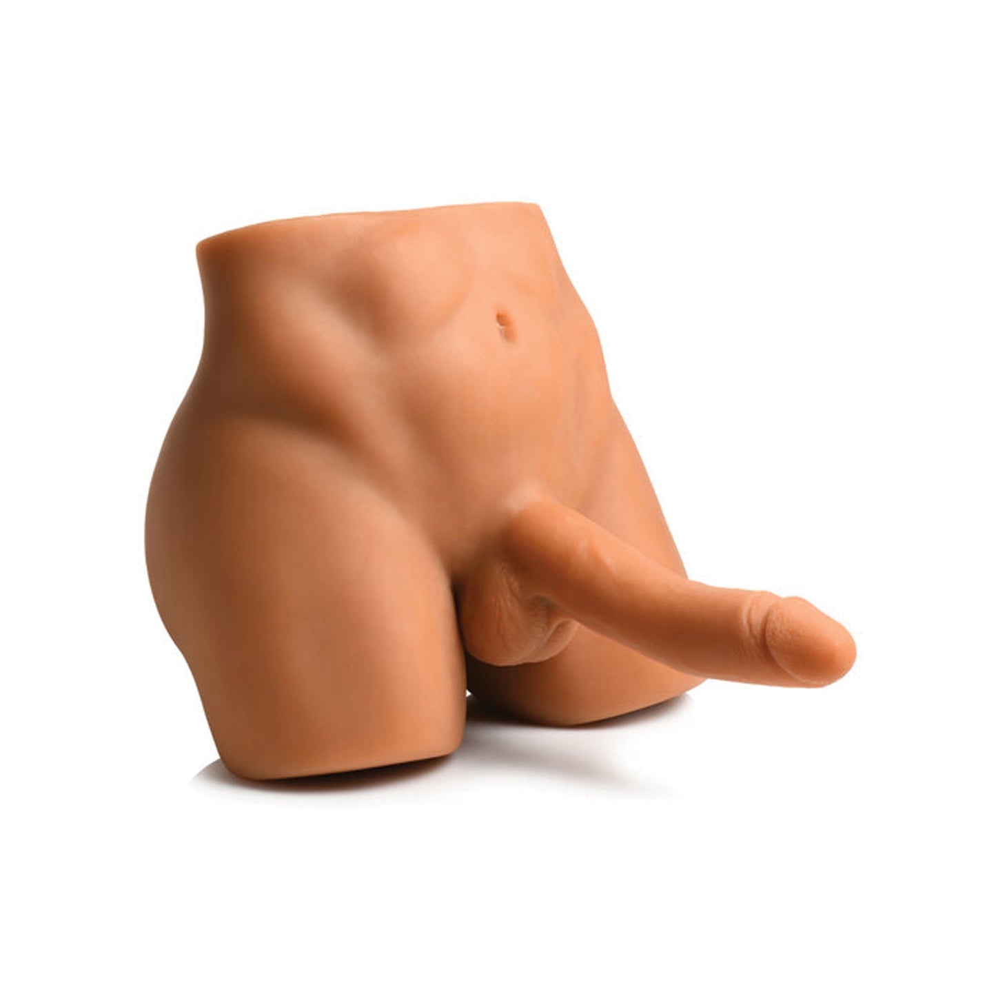 The Curve Toys Jock Male Masturbator by Curve Novelties is a realistic silicone prosthetic resembling the lower torso, complete with thighs and an erect penis with vibrating modes, displayed on a white background.