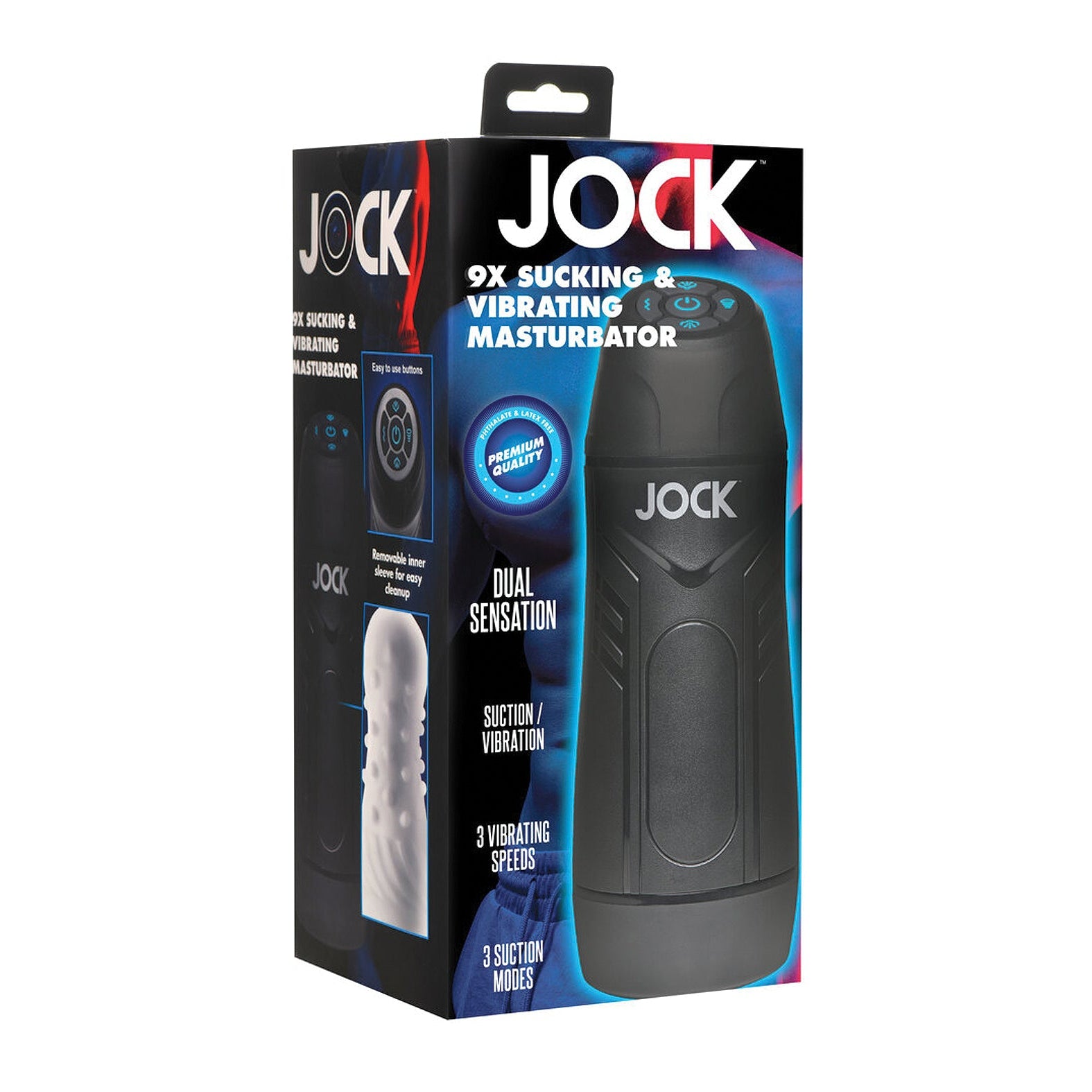 The image shows Curve Toys Jock 9X Sucking & Vibrating Masturbator, featuring strong suction, a multi-textured tunnel for dual sensation, three vibrating speeds, and three suction modes. It also includes a removable sleeve for easy cleaning.