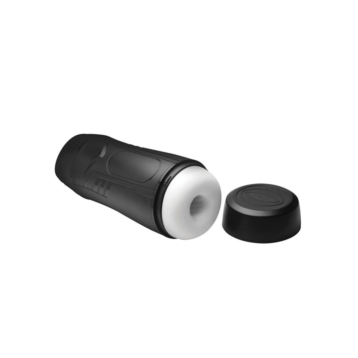 The Curve Toys Jock 9X Sucking & Vibrating Masturbator is a sleek, black plastic device with a detachable cap and a white opening at one end, housing a multi-textured tunnel for strong suction and sensational pleasure.