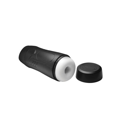 The Curve Toys Jock 9X Sucking & Vibrating Masturbator is a sleek, black plastic device with a detachable cap and a white opening at one end, housing a multi-textured tunnel for strong suction and sensational pleasure.