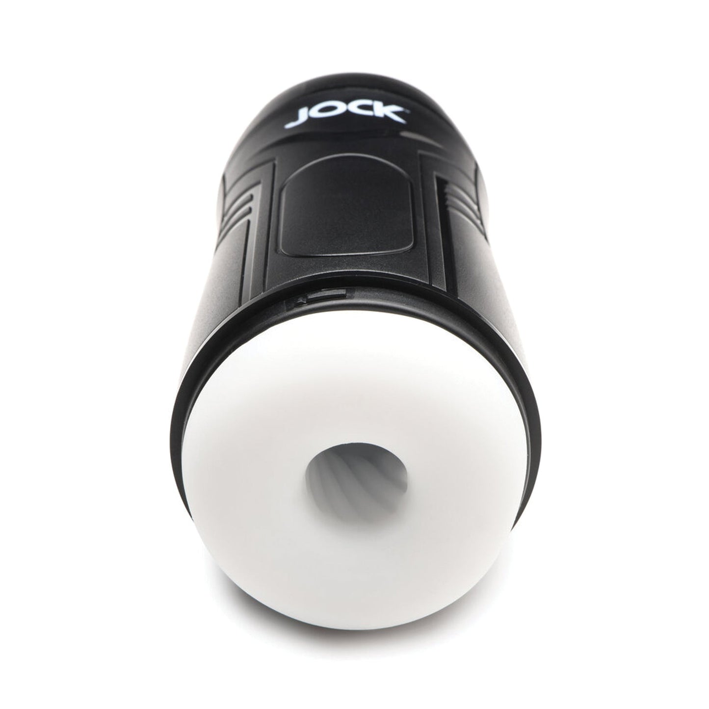 The Curve Toys Jock 9X Sucking & Vibrating Masturbator is a black and white cylindrical device with a multi-textured tunnel, visible through a round opening, providing strong suction for enhanced experiences.