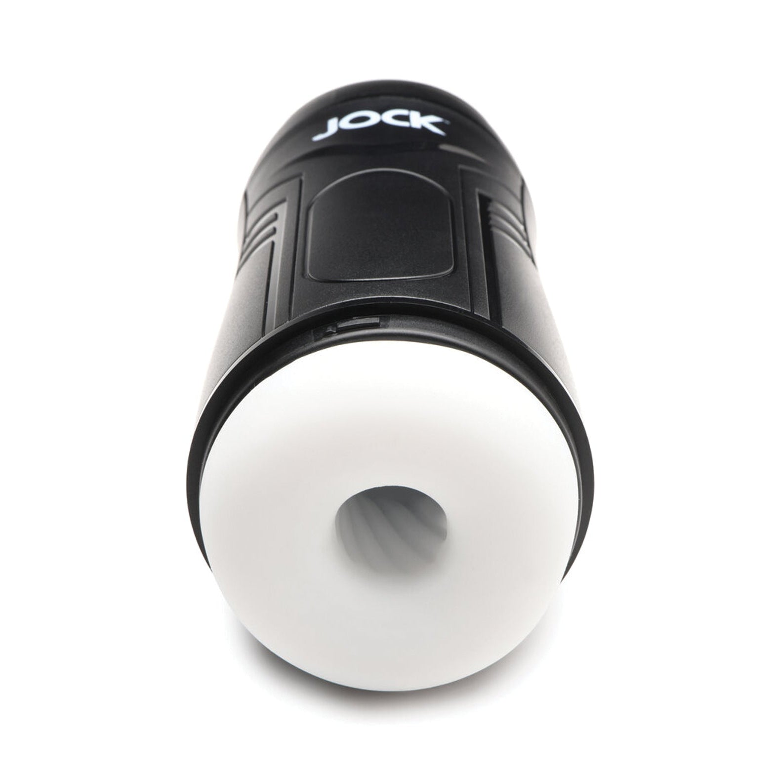The Curve Toys Jock 9X Sucking & Vibrating Masturbator is a black and white cylindrical device with a multi-textured tunnel, visible through a round opening, providing strong suction for enhanced experiences.