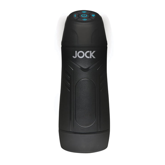 The Jock 9X Sucking & Vibrating Masturbator by Curve Toys has a sleek, modern design with control buttons for functionality and strong suction. Its cylindrical body features subtle curves for an ergonomic grip.