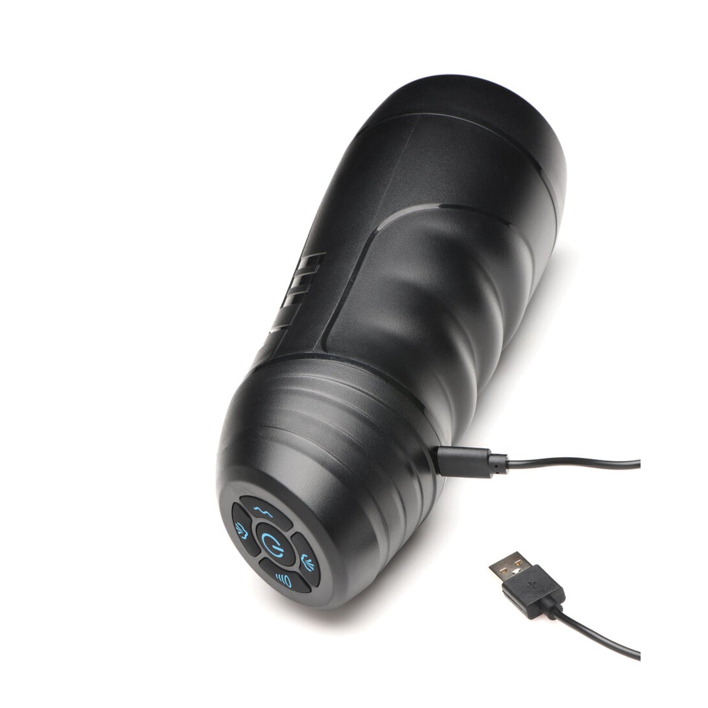 The Curve Toys Jock 9X Sucking & Vibrating Masturbator is a black cylindrical device with a textured grip and control buttons on one end. It features a multi-textured tunnel for enhanced sensation and charges via USB, with the cable detached and set aside on a white background.
