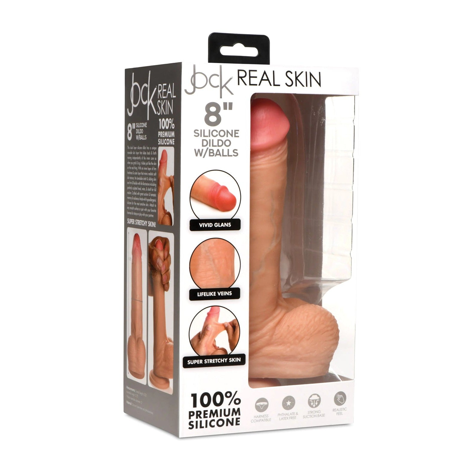 Box packaging for the Curve Toys Jock Real Skin Silicone 8 Dildo with Balls from Curve Novelties. Made of dual-density silicone, it has realistic stretchable skin, vivid glans, flexible veins, and a suction cup base for hands-free enjoyment.