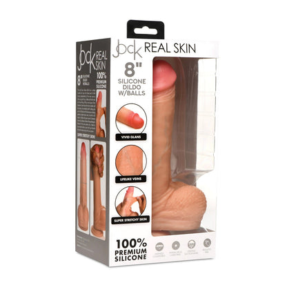 Box packaging for the Curve Toys Jock Real Skin Silicone 8 Dildo with Balls from Curve Novelties. Made of dual-density silicone, it has realistic stretchable skin, vivid glans, flexible veins, and a suction cup base for hands-free enjoyment.