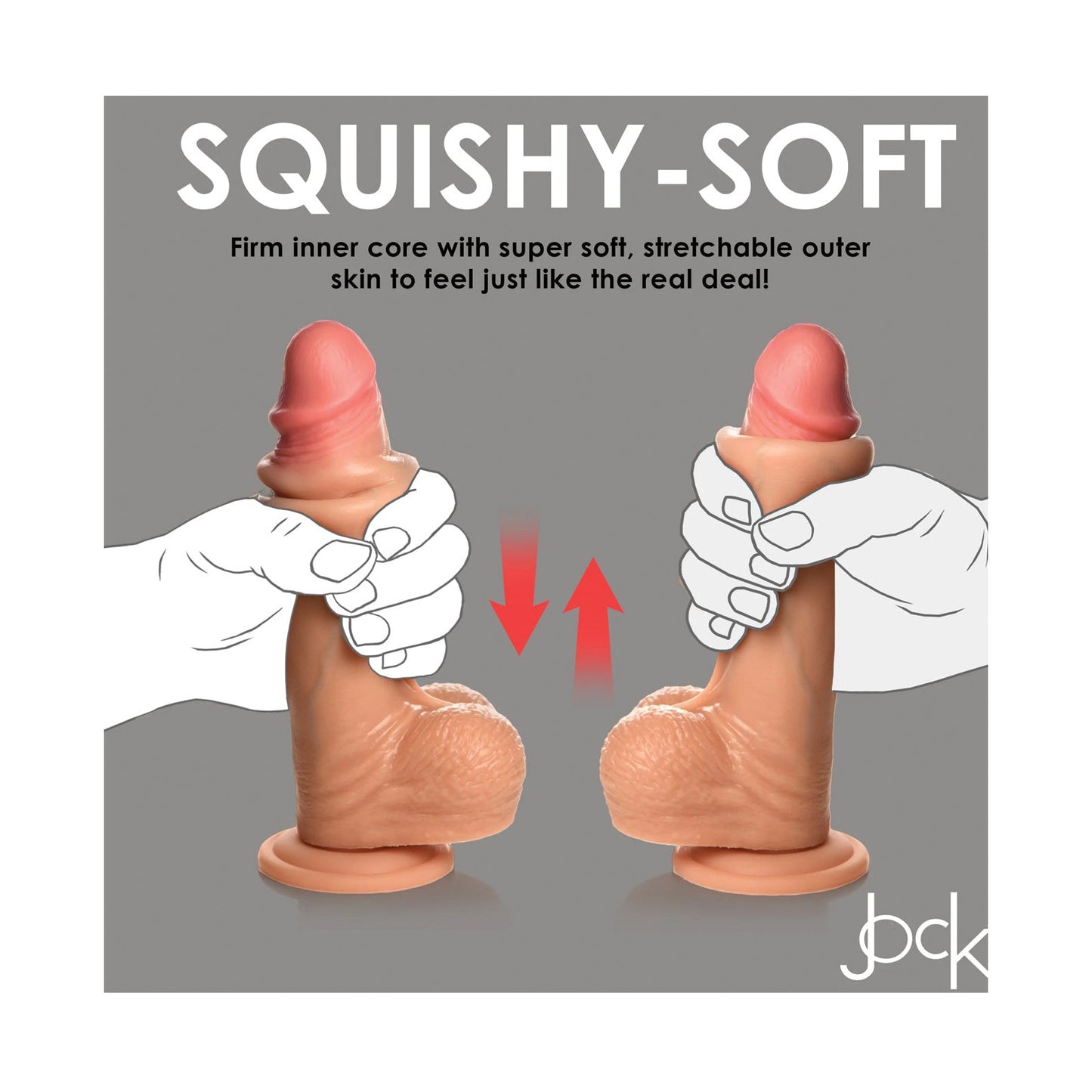 An image shows a hand squeezing the Curve Toys Jock Real Skin Silicone 8 Dildo With Balls, featuring dual-density silicone. Text emphasizes the firm cores support, with arrows demonstrating its squeezable nature. This Curve Novelties product has a realistic stretchable skin for enhanced pleasure.