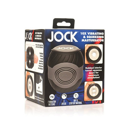 The Curve Toys Jock 10x Vibrating Double Masturbator by Curve Novelties highlights its dual-ended pleasure with 10 vibration modes, soft stretchy material, and packaging that emphasizes its functions and texture for an enhanced experience.