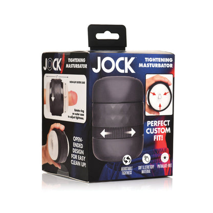 The Curve Toys Jock Squeezable Tunnel Double Masturbator by Curve Novelties features adjustable tightness, an open-ended design, and soft, stretchy material for a custom fit. The packaging includes images and descriptions that emphasize its innovative features for personalized pleasure.