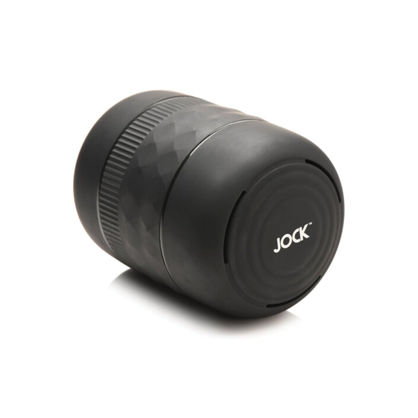 A sleek, black, cylindrical personal care item with a textured matte finish has Curve Novelties on one end. Its called the Curve Toys Jock Squeezable Tunnel Double Masturbator and features customizable tightness settings for an enhanced experience.