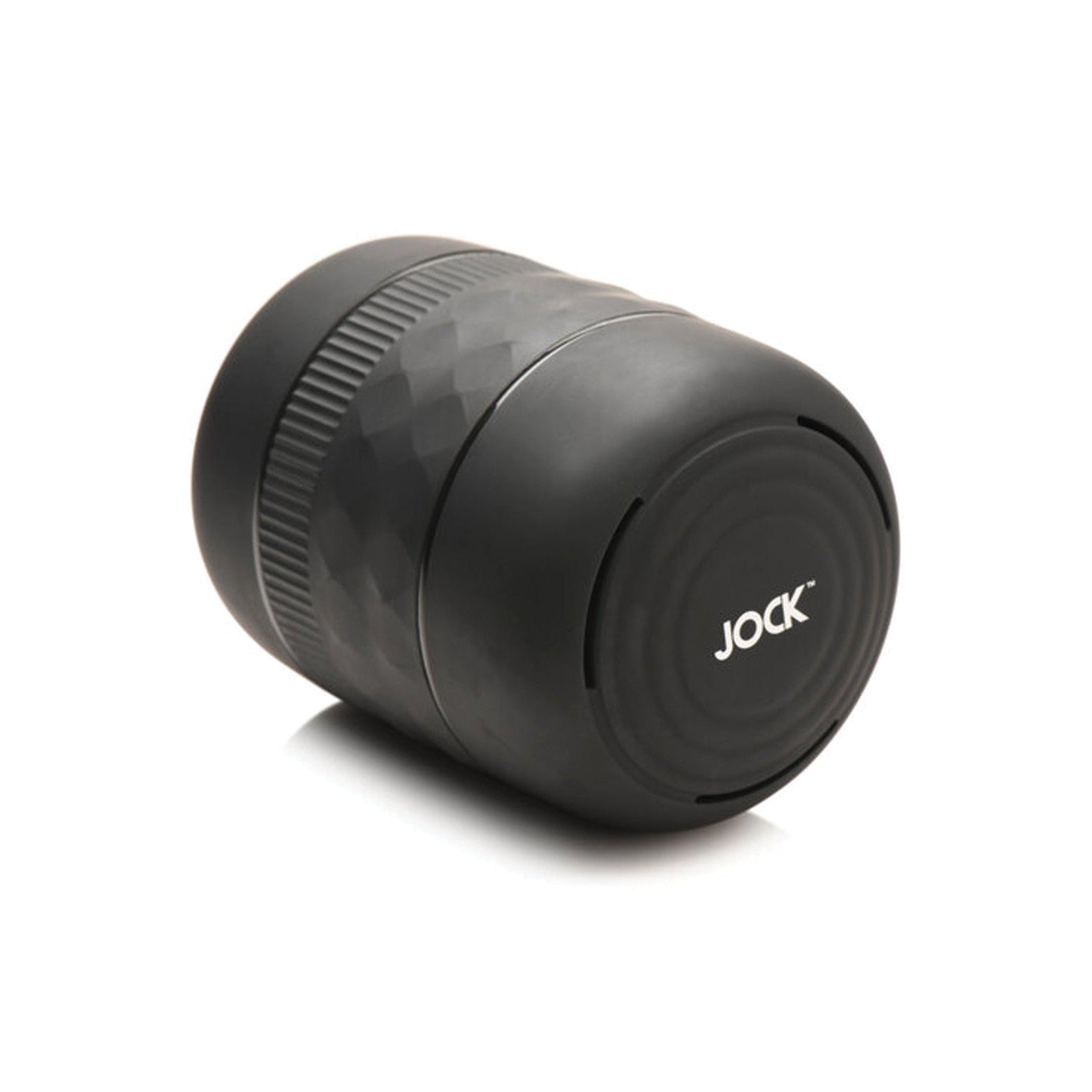 A sleek, black, cylindrical personal care item with a textured matte finish has Curve Novelties on one end. Its called the Curve Toys Jock Squeezable Tunnel Double Masturbator and features customizable tightness settings for an enhanced experience.