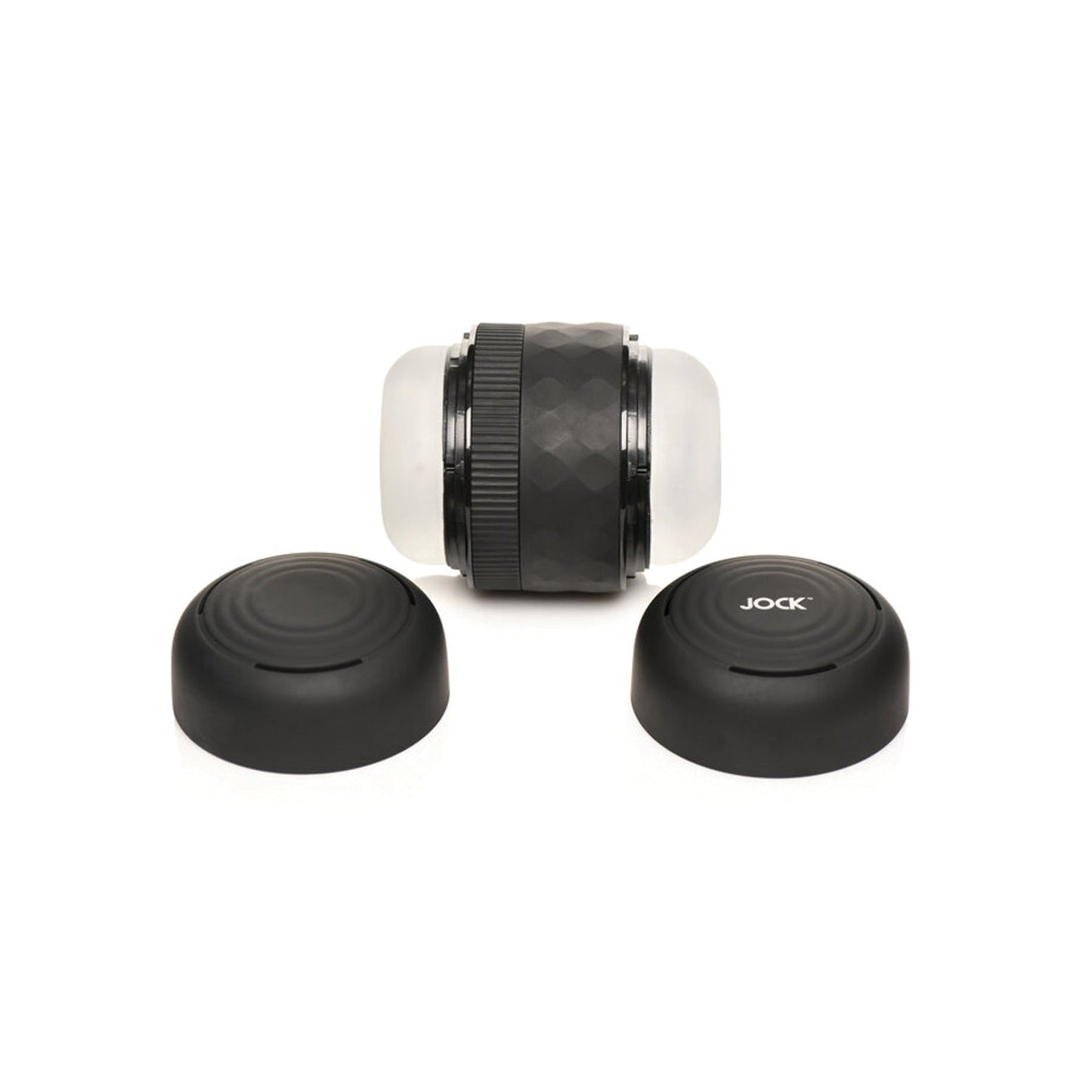 The Curve Toys Jock Squeezable Tunnel Double Masturbator by Curve Novelties features a cylindrical black design with textured grips and frosted ends. It includes two cap-like parts, with JOCK visible on one cap, and offers variable tightness settings, set against a plain white backdrop.