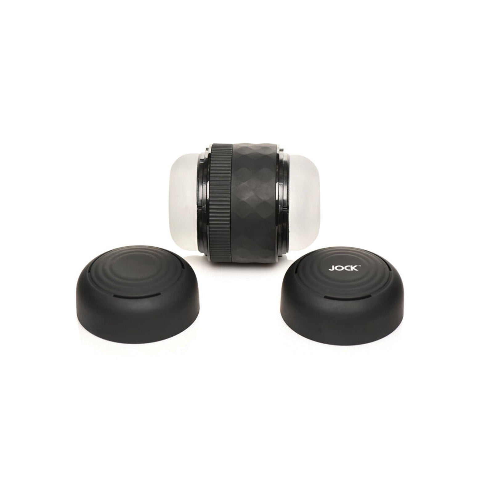 The Curve Toys Jock Squeezable Tunnel Double Masturbator by Curve Novelties features a cylindrical black design with textured grips and frosted ends. It includes two cap-like parts, with JOCK visible on one cap, and offers variable tightness settings, set against a plain white backdrop.