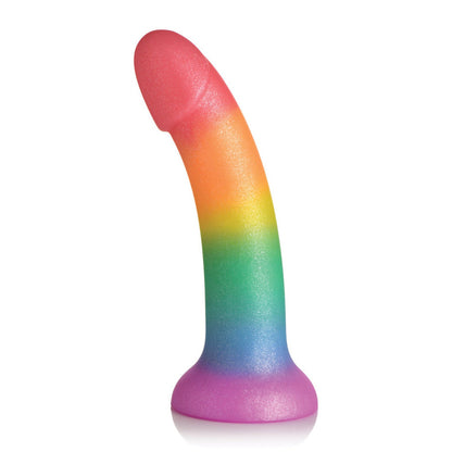 Enjoy vibrant colors with Curve Toys Simply Sweet 6.5 Phallic Rainbow Dildo by Curve Novelties, designed with a curved shape and sturdy suction base for versatile pleasure.