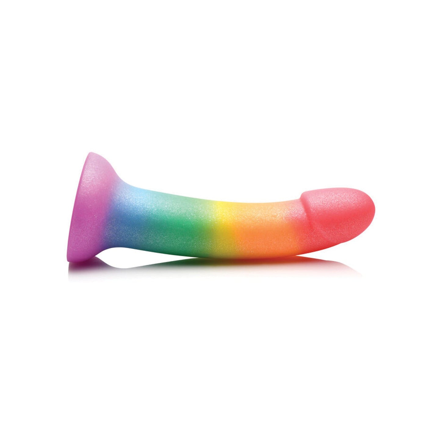 The Curve Novelties Simply Sweet 6.5 Phallic Rainbow Dildo, made of premium silicone, features a stunning pink to purple gradient pattern and is displayed horizontally against a white background.