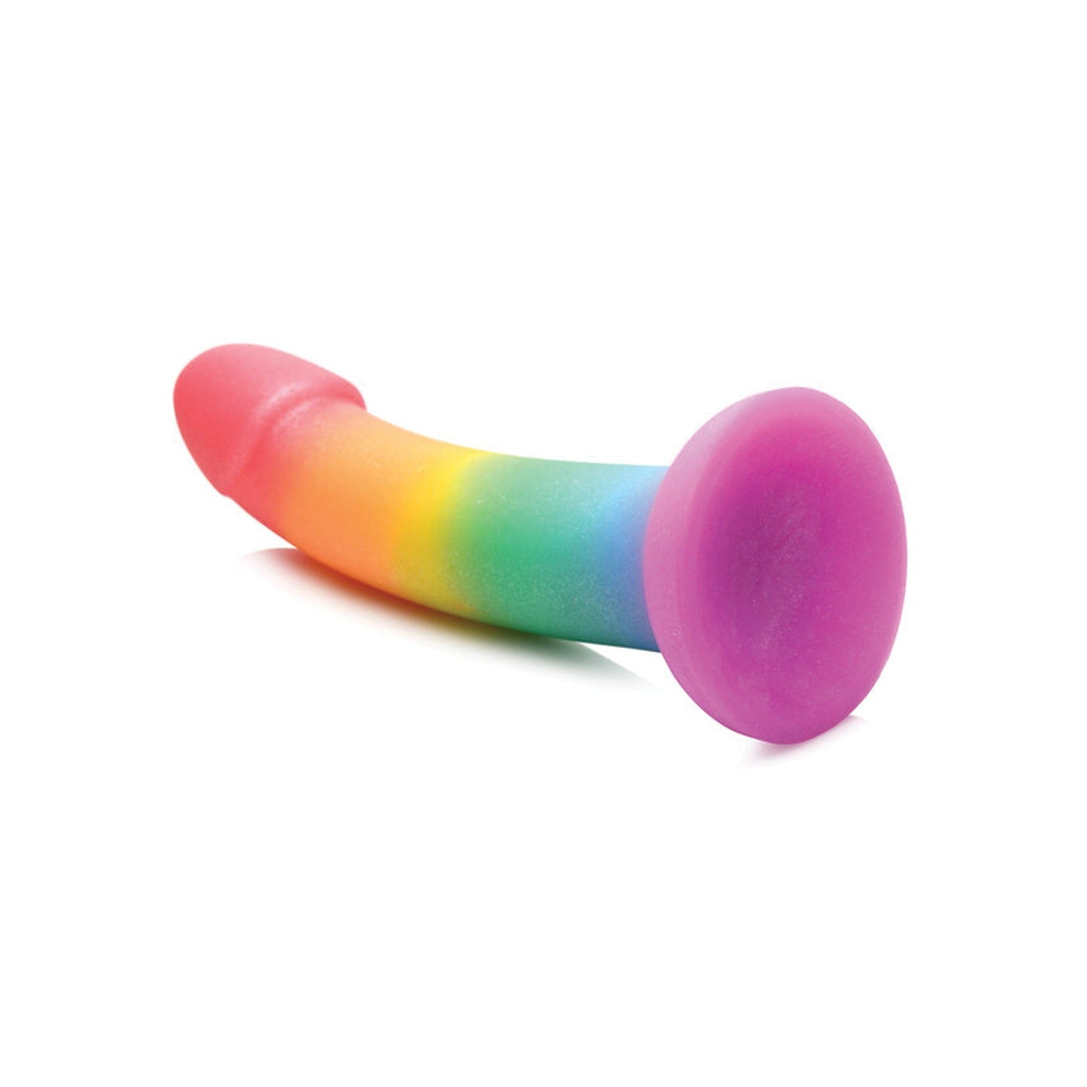 The Curve Toys Simply Sweet 6.5 Rainbow Dildo by Curve Novelties is crafted from premium silicone with a vibrant, curved design and a sturdy suction base, presented on a pristine white background.