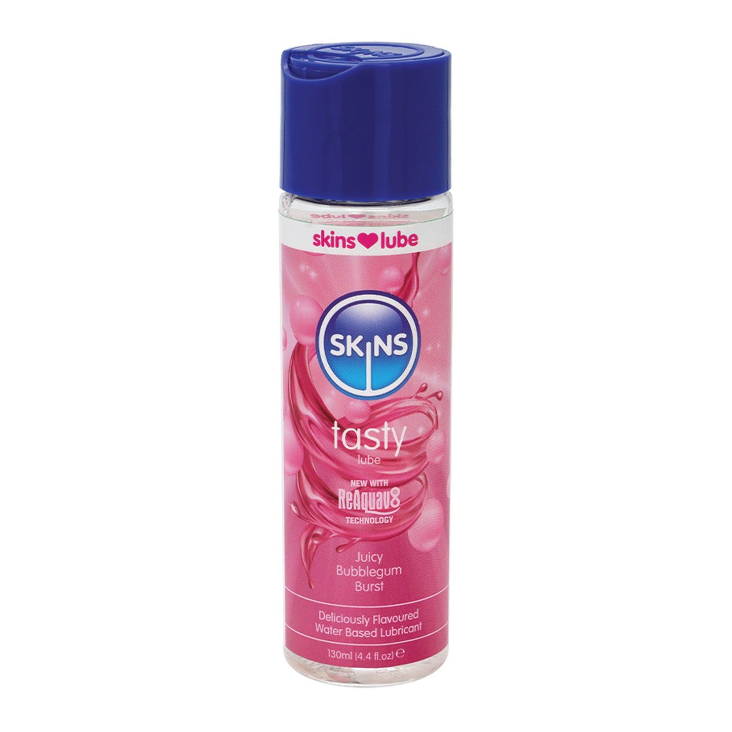A 130 ml Skins Water Based Lubricant bottle with a pink Tasty label and Juicy Bubblegum Burst text, featuring a blue cap. This vegan, cruelty-free lubricant is silky smooth and water-based for your peace of mind.