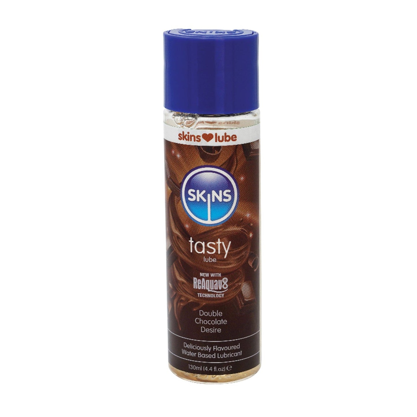 A 130ml (4.4 fl oz) bottle of Skins Water Based Lubricant features a silky smooth Doubling Chocolate Desire flavor and a dark brown label with swirls of chocolate, stating New with Reaquax Technology. Its vegan & cruelty-free.