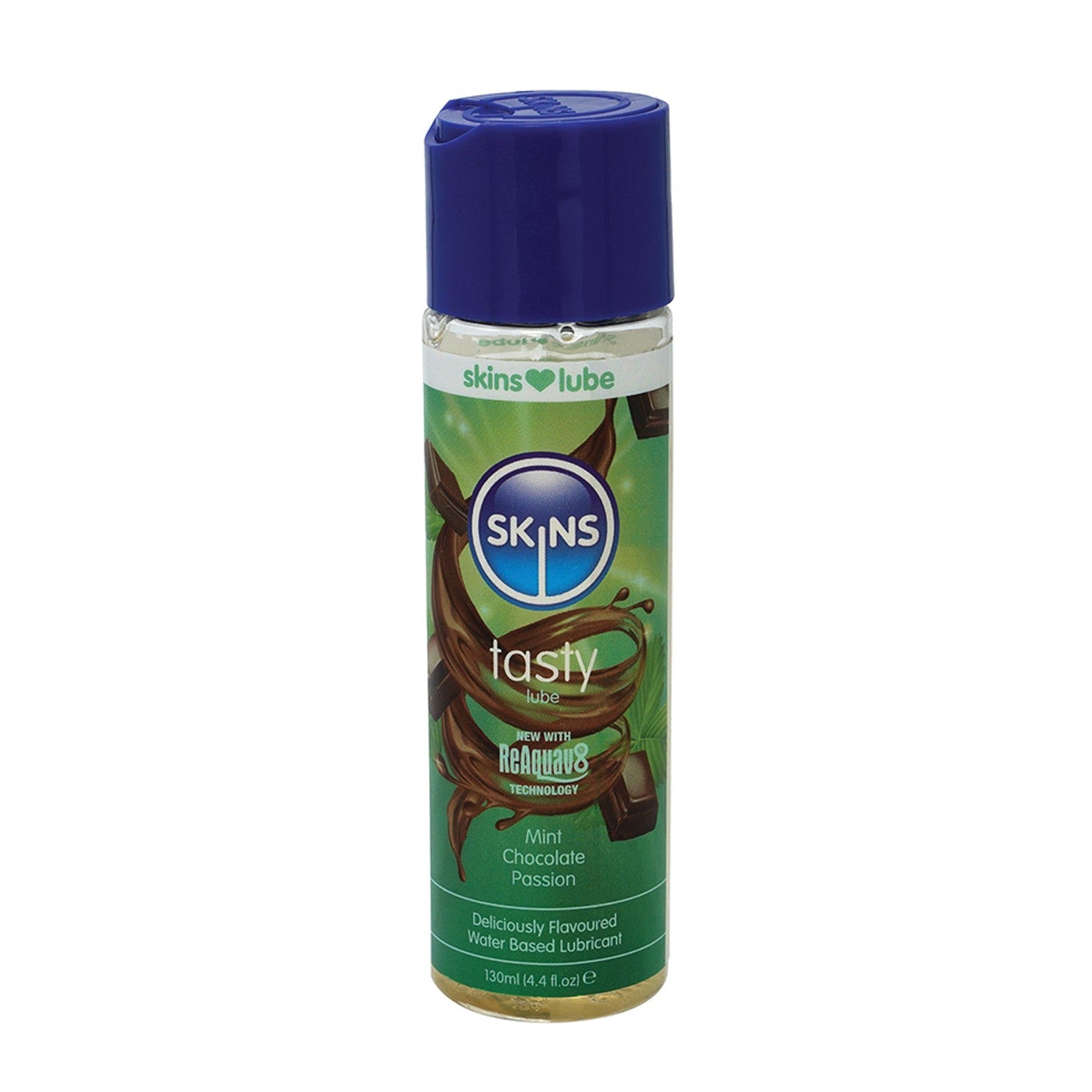 A 150ml bottle of Skins Water Based Lubricant comes with a blue cap and green label featuring chocolate and mint leaf illustrations. Titled Mint Chocolate Passion, it is vegan, cruelty-free, and silky smooth, offering delicious pleasure with Reaquav8 Technology.