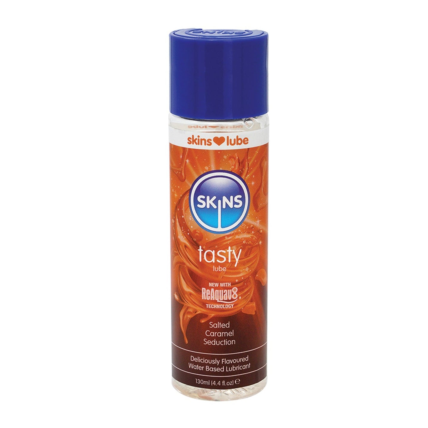 Discover the silky smooth sensation of Skins Water Based Lubricant in Salted Caramel Seduction. This vegan, cruelty-free lube with Reaquav8 technology features a blue cap and caramel swirl design, making it as delightful to look at as it is to use.