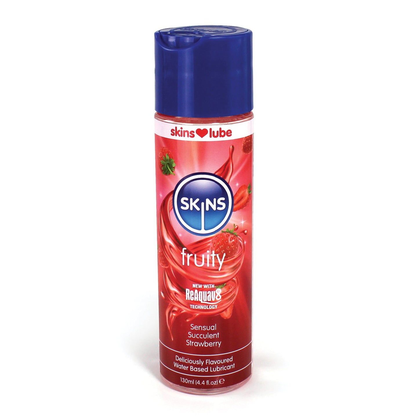 Experience the silky smooth pleasure of Skins Water Based Lubricant, a vegan and cruelty-free delight with ReAquav8 technology. Enjoy its succulent strawberry flavor in a vibrant red 130 ml (4.4 oz) bottle adorned with strawberries and a blue cap.
